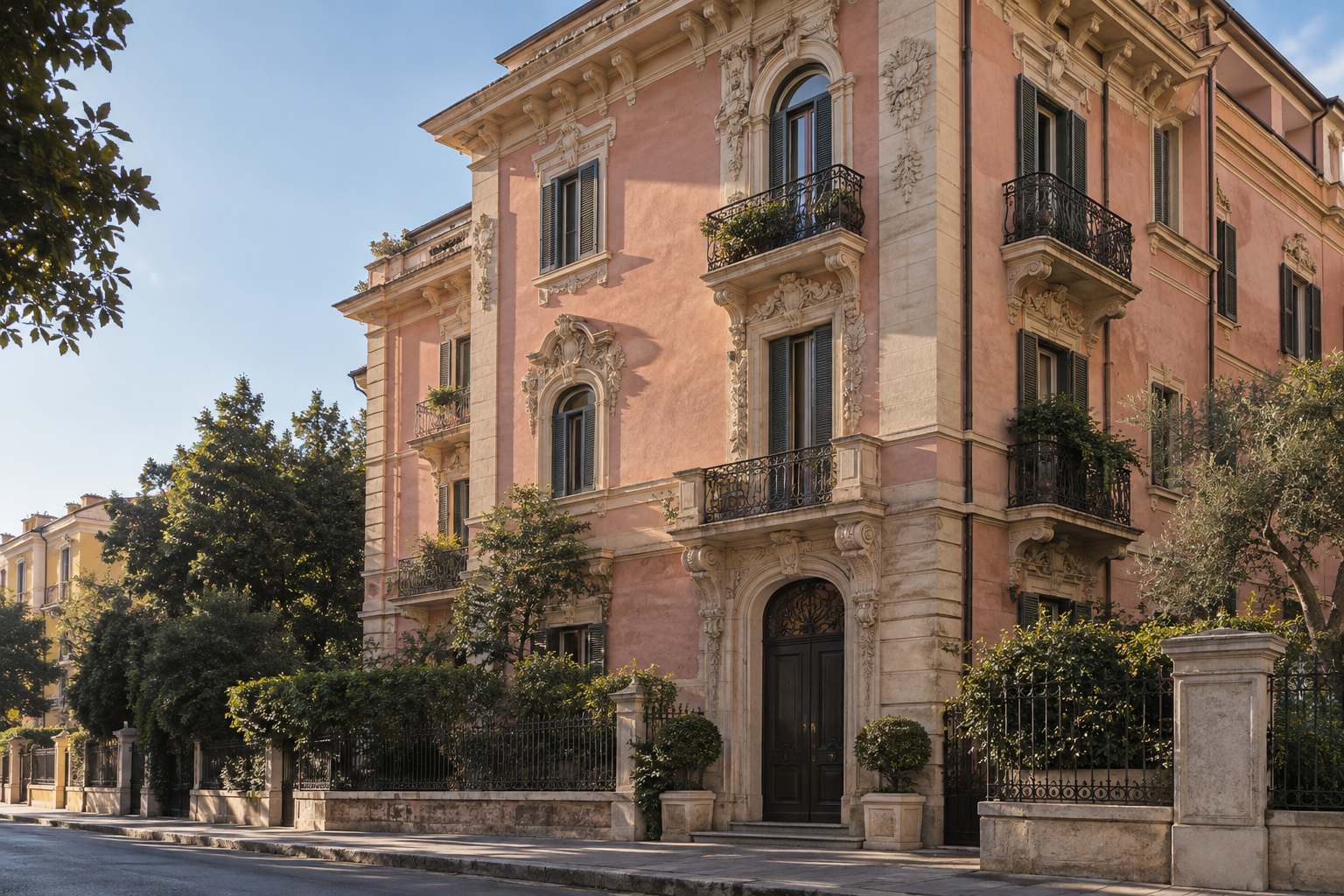 Immagine illustrativa di un palazzetto liberty rosa ispirato alle residenze di Roma